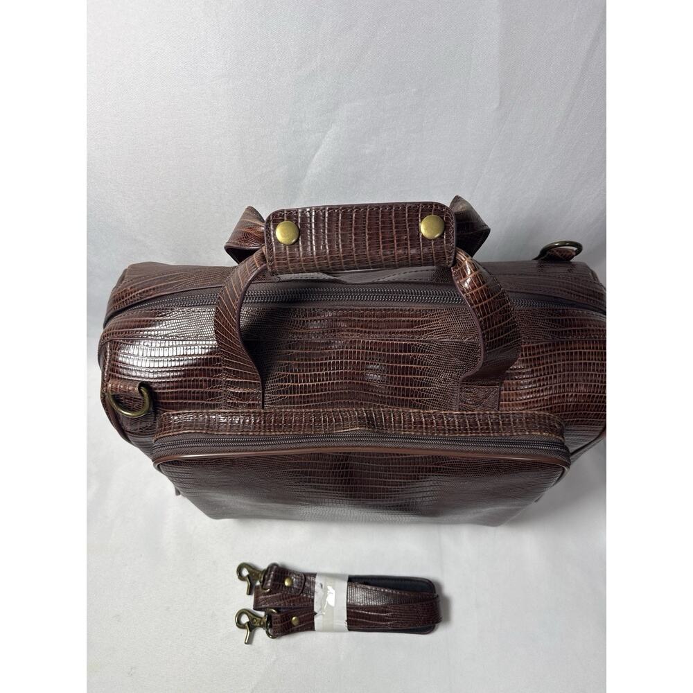 Amerileather Genuine Leather Croco Print Duffel Travel Bag Brown Carry On - Picture 4 of 16